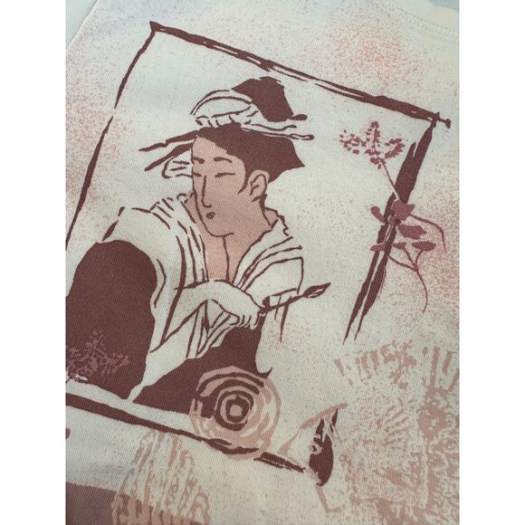 Vintage Y2k Asian Art Print Fitted Tee Cream Burgundy Unique Graphic Top size M - Picture 6 of 6